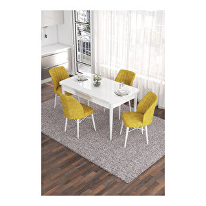 Eva Serisi, 80x132 Açılabilir Mdf Beyaz Masa,mutfak Masası Ve 4 Sandalye Hardal