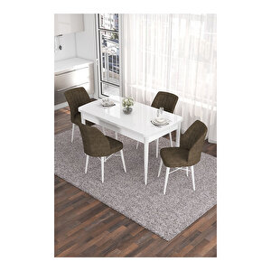 Eva Serisi, 80x132 Açılabilir Mdf Beyaz Masa,mutfak Masası Ve 4 Sandalye Kahverengi