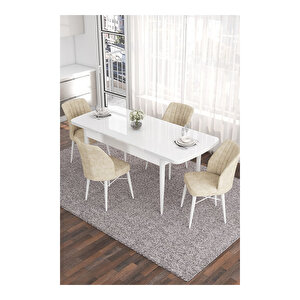 Eva Serisi, 80x132 Açılabilir Mdf Beyaz Masa,mutfak Masası Ve 4 Sandalye Krem