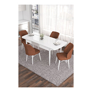Eva Serisi, 80x132 Açılabilir Mdf Beyaz Masa,mutfak Masası Ve 4 Sandalye Kiremit