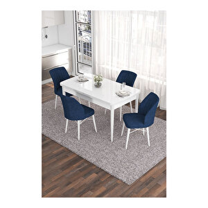 Eva Serisi, 80x132 Açılabilir Mdf Beyaz Masa,mutfak Masası Ve 4 Sandalye Lacivert