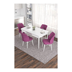 Eva Serisi, 80x132 Açılabilir Mdf Beyaz Masa,mutfak Masası Ve 4 Sandalye Mor