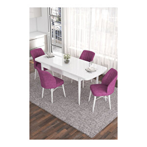 Eva Serisi, 80x132 Açılabilir Mdf Beyaz Masa,mutfak Masası Ve 4 Sandalye Mor