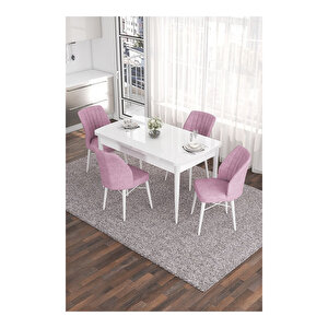 Eva Serisi, 80x132 Açılabilir Mdf Beyaz Masa,mutfak Masası Ve 4 Sandalye Pembe