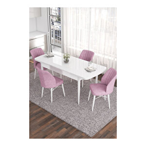 Eva Serisi, 80x132 Açılabilir Mdf Beyaz Masa,mutfak Masası Ve 4 Sandalye Pembe