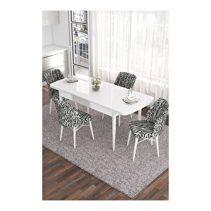 Eva Serisi, 80x132 Açılabilir Mdf Beyaz Masa,mutfak Masası Ve 4 Sandalye Zebra