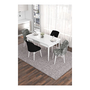 Eva Serisi, 80x132 Açılabilir Mdf Beyaz Masa,mutfak Masası Ve 2 Siyah 2 Zebra Sandalye