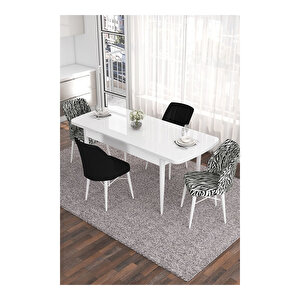 Eva Serisi, 80x132 Açılabilir Mdf Beyaz Masa,mutfak Masası Ve 2 Siyah 2 Zebra Sandalye