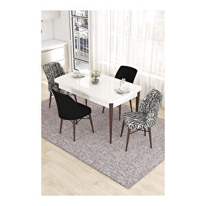Eva Serisi, 80x132 Açılabilir Mdf Beyaz Masa Ceviz Ayak Mutfak Masası Ve 2 Siyah 2 Zebra Desen Sandalye