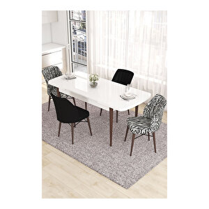 Eva Serisi, 80x132 Açılabilir Mdf Beyaz Masa Ceviz Ayak Mutfak Masası Ve 2 Siyah 2 Zebra Desen Sandalye