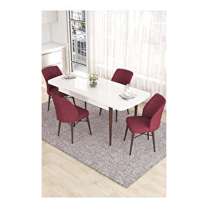 Eva Serisi, 80x132 Açılabilir Mdf Beyaz Masa Ceviz Ayak Mutfak Masası Ve 4 Sandalye Bordo