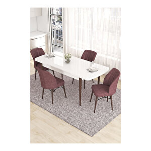 Eva Serisi, 80x132 Açılabilir Mdf Beyaz Masa Ceviz Ayak Mutfak Masası Ve 4 Sandalye Gül Kurusu