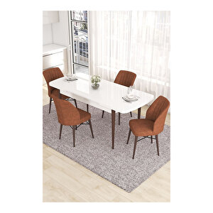 Eva Serisi, 80x132 Açılabilir Mdf Beyaz Masa Ceviz Ayak Mutfak Masası Ve 4 Sandalye Kiremit