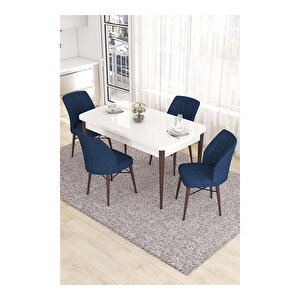 Eva Serisi, 80x132 Açılabilir Mdf Beyaz Masa Ceviz Ayak Mutfak Masası Ve 4 Sandalye Lacivert