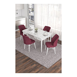 Eva Serisi, 80x132 Açılabilir Mdf Beyaz Mermer Desen Masa Mutfak Masası Ve 4 Sandalye Bordo