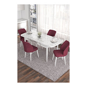 Eva Serisi, 80x132 Açılabilir Mdf Beyaz Mermer Desen Masa Mutfak Masası Ve 4 Sandalye Bordo