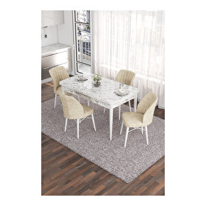 Eva Serisi, 80x132 Açılabilir Mdf Beyaz Mermer Desen Masa Mutfak Masası Ve 4 Sandalye Krem