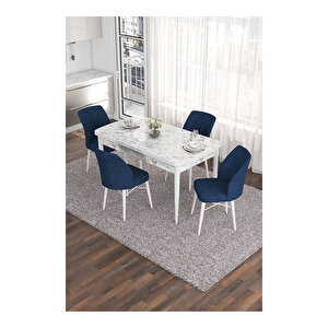 Eva Serisi, 80x132 Açılabilir Mdf Beyaz Mermer Desen Masa Mutfak Masası Ve 4 Sandalye Lacivert