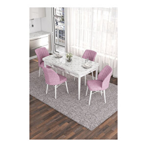 Eva Serisi, 80x132 Açılabilir Mdf Beyaz Mermer Desen Masa Mutfak Masası Ve 4 Sandalye Pembe