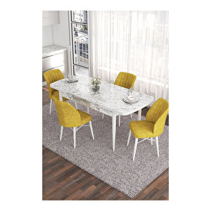 Eva Serisi, 80x132 Açılabilir Mdf Beyaz Mermer Desen Masa Mutfak Masası Ve 4 Sandalye Hardal
