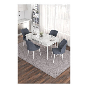 Eva Serisi, 80x132 Açılabilir Mdf Beyaz Mermer Desen Masa Mutfak Masası Ve 4 Sandalye