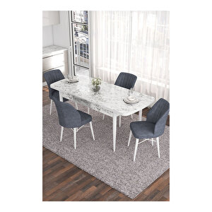 Eva Serisi, 80x132 Açılabilir Mdf Beyaz Mermer Desen Masa Mutfak Masası Ve 4 Sandalye Füme