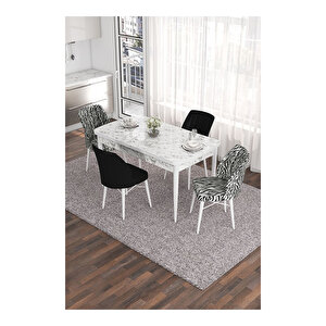 Eva Serisi, 80x132 Açılabilir Mdf Beyaz Mermer Desen Masa Mutfak Masası Ve 2 Siyah 2 Zebra Sandalye