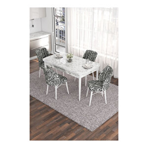 Eva Serisi, 80x132 Açılabilir Mdf Beyaz Mermer Desen Masa Mutfak Masası Ve 4 Sandalye Zebra