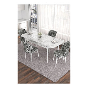 Eva Serisi, 80x132 Açılabilir Mdf Beyaz Mermer Desen Masa Mutfak Masası Ve 4 Sandalye Zebra