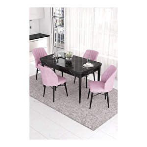 Eva Serisi, 80x132 Açılabilir Mdf Siyah Mermer Desen Masa Mutfak Masası Ve 4 Sandalye Pembe