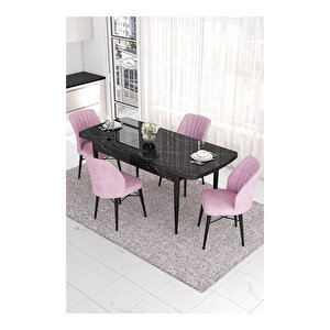 Eva Serisi, 80x132 Açılabilir Mdf Siyah Mermer Desen Masa Mutfak Masası Ve 4 Sandalye Pembe