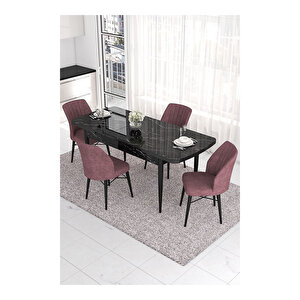 Eva Serisi, 80x132 Açılabilir Mdf Siyah Mermer Desen Masa Mutfak Masası Ve 4 Sandalye