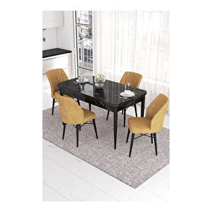 Eva Serisi, 80x132 Açılabilir Mdf Siyah Mermer Desen Masa Mutfak Masası Ve 4 Sandalye Cappucino