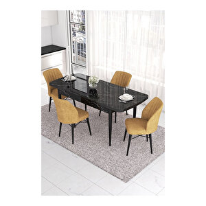Eva Serisi, 80x132 Açılabilir Mdf Siyah Mermer Desen Masa Mutfak Masası Ve 4 Sandalye Cappucino