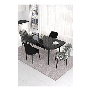Eva Serisi, 80x132 Açılabilir Mdf Siyah Mermer Desen Masa Mutfak Masası Ve 2 Siyah 2 Zebra Sandalye