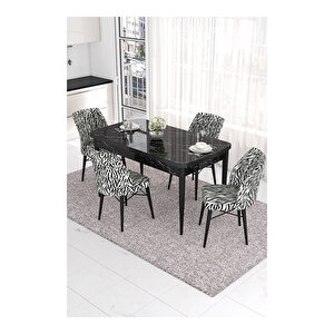 Eva Serisi, 80x132 Açılabilir Mdf Siyah Mermer Desen Masa Mutfak Masası Ve 4 Sandalye Zebra