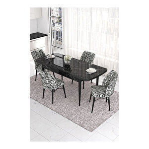 Eva Serisi, 80x132 Açılabilir Mdf Siyah Mermer Desen Masa Mutfak Masası Ve 4 Sandalye Zebra