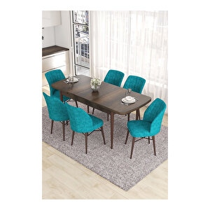 Eva Serisi, 80x132 Açılabilir Mdf Barok Ahşap Desen Mutfak Masası Ve 6 Sandalye Turkuaz
