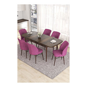 Eva Serisi, 80x132 Açılabilir Mdf Barok Ahşap Desen Mutfak Masası Ve 6 Sandalye Mor