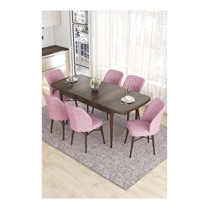 Eva Serisi, 80x132 Açılabilir Mdf Barok Ahşap Desen Mutfak Masası Ve 6 Sandalye Pembe