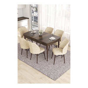 Eva Serisi, 80x132 Açılabilir Mdf Barok Ahşap Desen Mutfak Masası Ve 6 Sandalye Krem