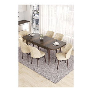 Eva Serisi, 80x132 Açılabilir Mdf Barok Ahşap Desen Mutfak Masası Ve 6 Sandalye Krem