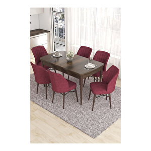 Eva Serisi, 80x132 Açılabilir Mdf Barok Ahşap Desen Mutfak Masası Ve 6 Sandalye Bordo