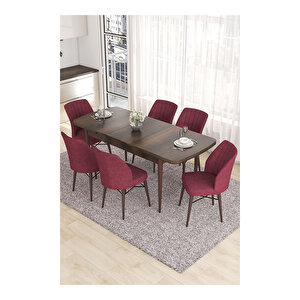 Eva Serisi, 80x132 Açılabilir Mdf Barok Ahşap Desen Mutfak Masası Ve 6 Sandalye Bordo