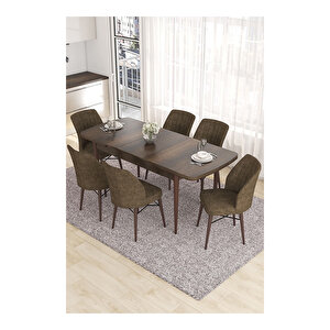 Eva Serisi, 80x132 Açılabilir Mdf Barok Ahşap Desen Mutfak Masası Ve 6 Sandalye Kahverengi