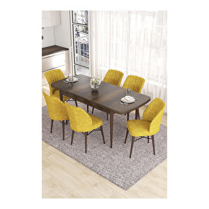 Eva Serisi, 80x132 Açılabilir Mdf Barok Ahşap Desen Mutfak Masası Ve 6 Sandalye Hardal