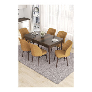 Eva Serisi, 80x132 Açılabilir Mdf Barok Ahşap Desen Mutfak Masası Ve 6 Sandalye Cappucino