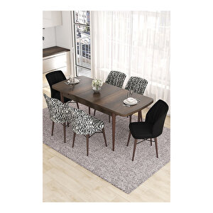 Eva Serisi, 80x132 Açılabilir Mdf Barok Ahşap Desen Mutfak Masası Ve 2 Siyah 4 Zebra Sandalye