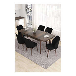 Eva Serisi, 80x132 Açılabilir Mdf Barok Ahşap Desen Mutfak Masası Ve 6 Sandalye Siyah