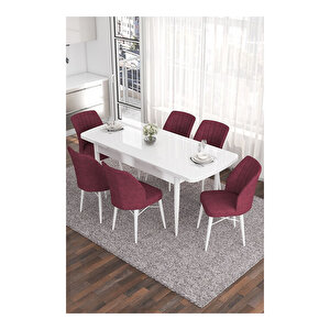 Eva Serisi, 80x132 Açılabilir Mdf Beyaz Masa,mutfak Masası Ve 6 Sandalye Bordo